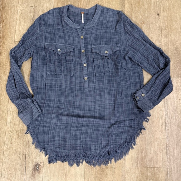 Free People Tops - Women’s Navy Blue Button Henley Fringe Hem Top